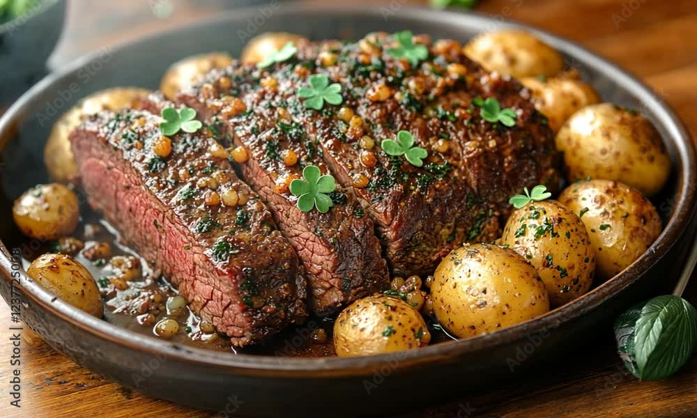 Juicy roast beef with herbs and potatoes served on a rustic wooden table, garnished with clovers Juicy roast beef with herbs and potatoes served on a rustic wooden table, garnished with clovers