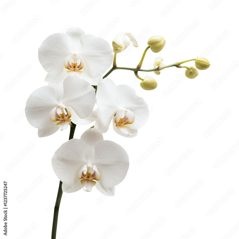 A delicate white orchid with multiple blossoms and buds on a slender stem. A delicate white orchid with multiple blossoms and buds on a slender stem.