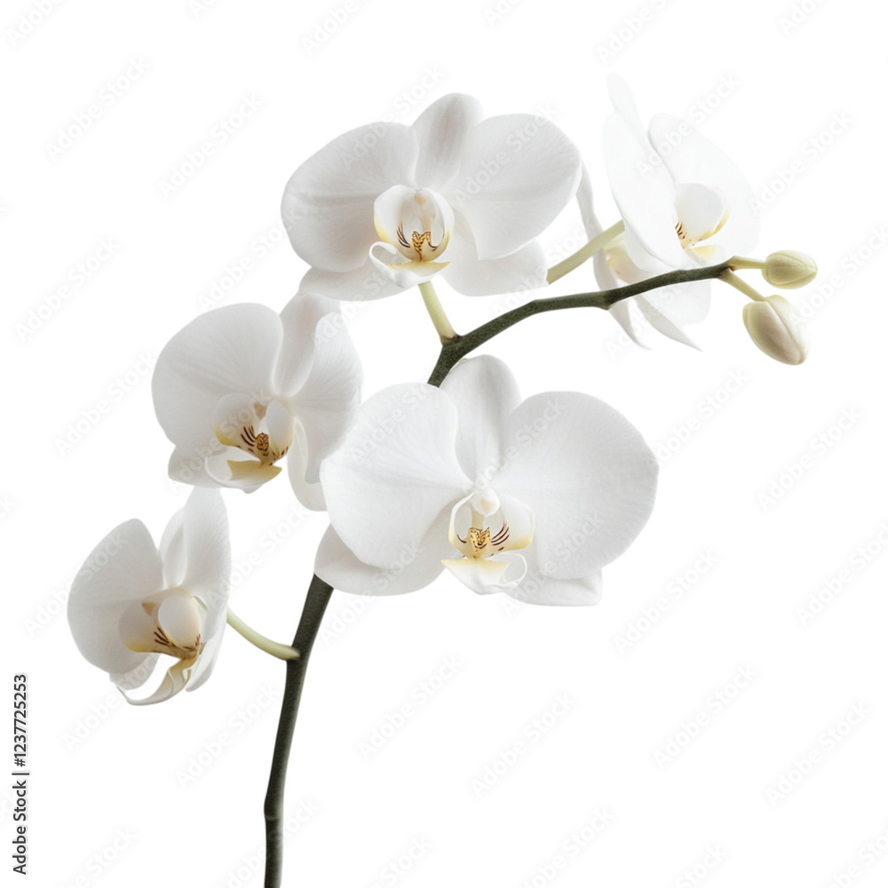 A delicate cluster of white orchids with multiple blooms and buds, showcasing elegant petal shapes and a graceful stem. A delicate cluster of white orchids with multiple blooms and buds, showcasing elegant petal shapes and a graceful stem.