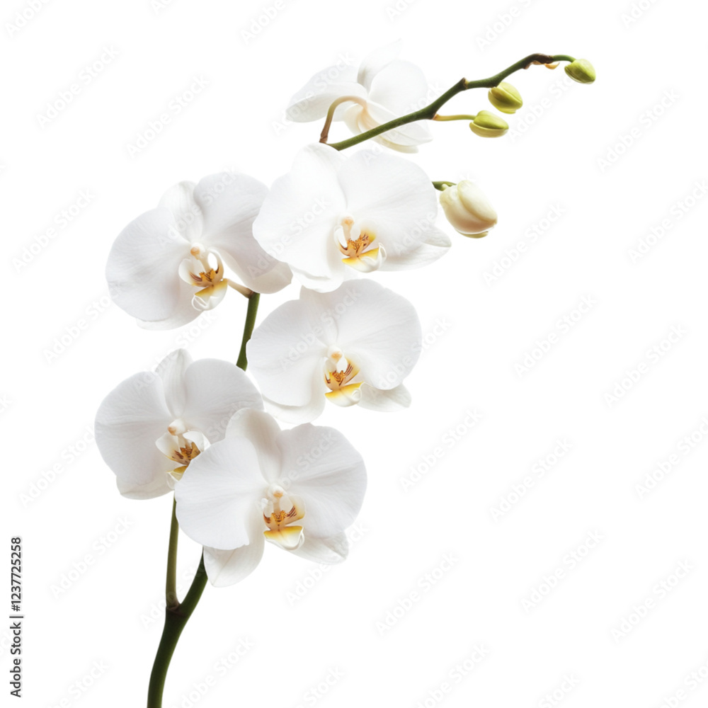 A delicate white orchid with multiple blossoms and budding flowers on a slender stem. A delicate white orchid with multiple blossoms and budding flowers on a slender stem.