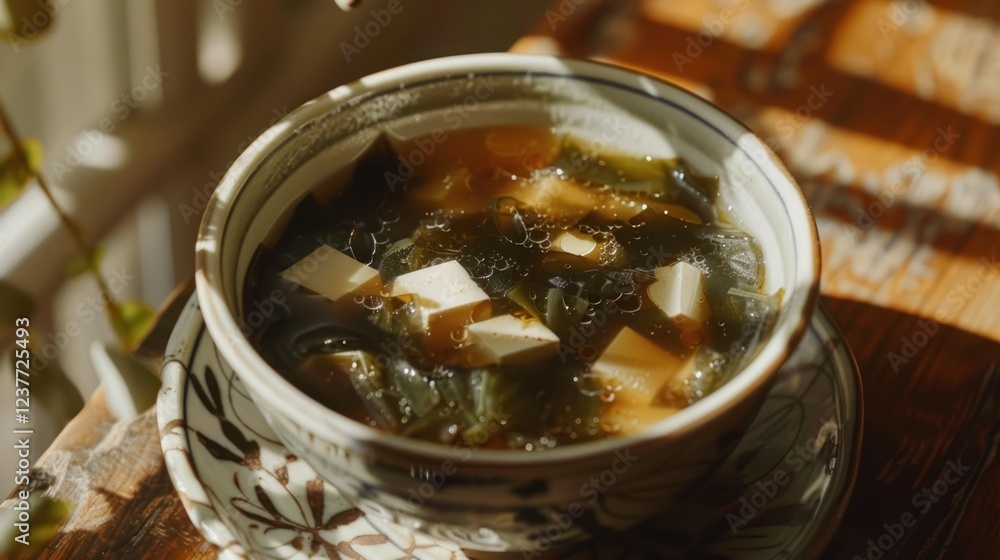 A warm and comforting miso soup, with tofu cubes and seaweed, A warm and comforting miso soup, with tofu cubes and seaweed,
