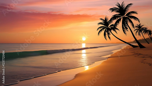 Beautiful sunset over a tropical beach with palm trees, ocean, and sand at dusk
