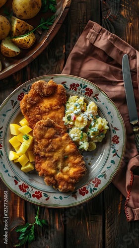 Breaded wiener schnitzel with potato fries and sauce on wooden table. Close up vuew. AI generated illustration photo