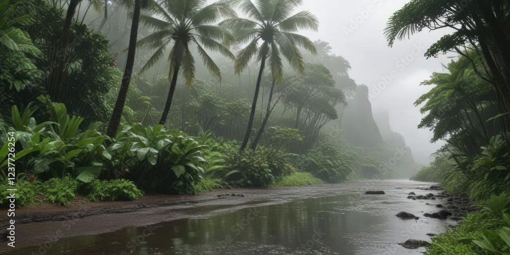 Overcast day in Hawaii with rain falling on lush greenery, overcast, rainy, leaves Overcast day in Hawaii with rain falling on lush greenery, overcast, rainy, leaves