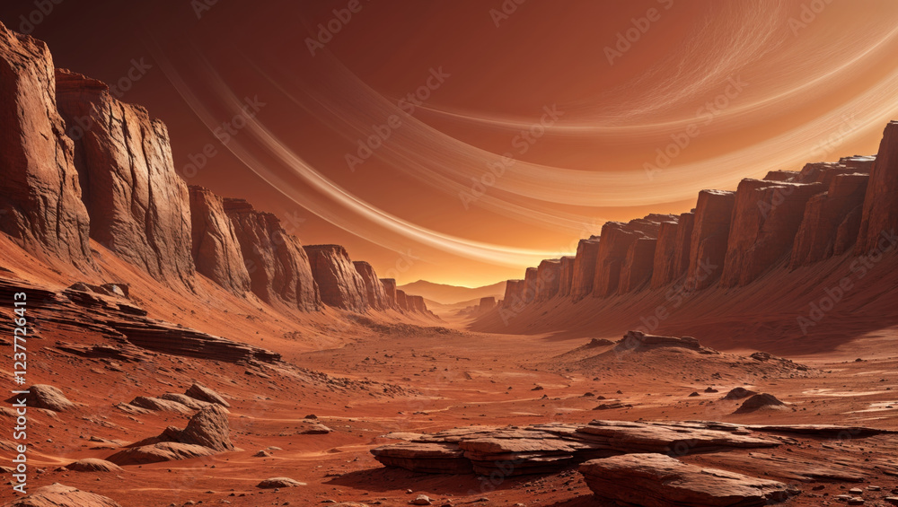 Naklejka premium Vast Martian landscape with rings and orange skies during sunset