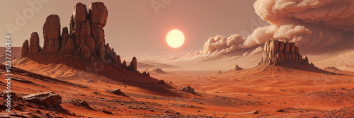 Marvel at the serene beauty of a Martian sunset over rugged rock formations