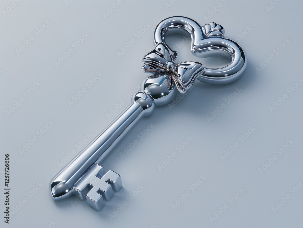 Ornate Silver Key with Bow and Heart Design on Smooth Background Ornate Silver Key with Bow and Heart Design on Smooth Background