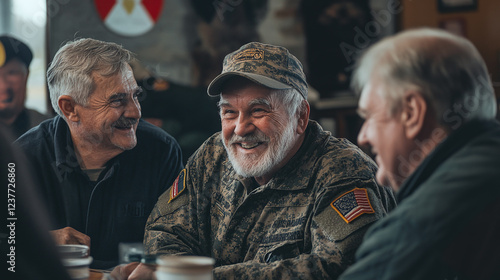 .A warm gathering of veterans sharing stories and laughter at a Veterans Day event, with photos and military mementos on display