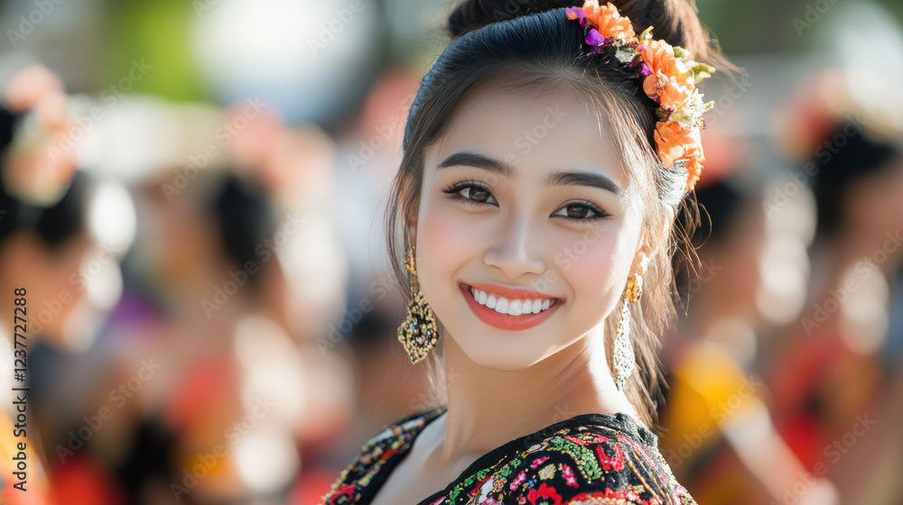 Fototapeta premium Malay woman wearing colorful huipil smiling enjoy vacation at street festival