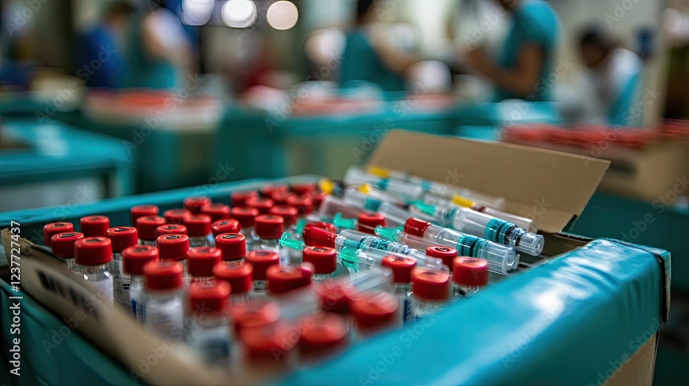 Obraz premium A sealed package of sterilized medical syringes ready for use in a vaccination drive