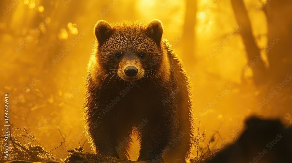 Obraz premium A wolverine illuminated by golden light, standing strong in the wilderness.