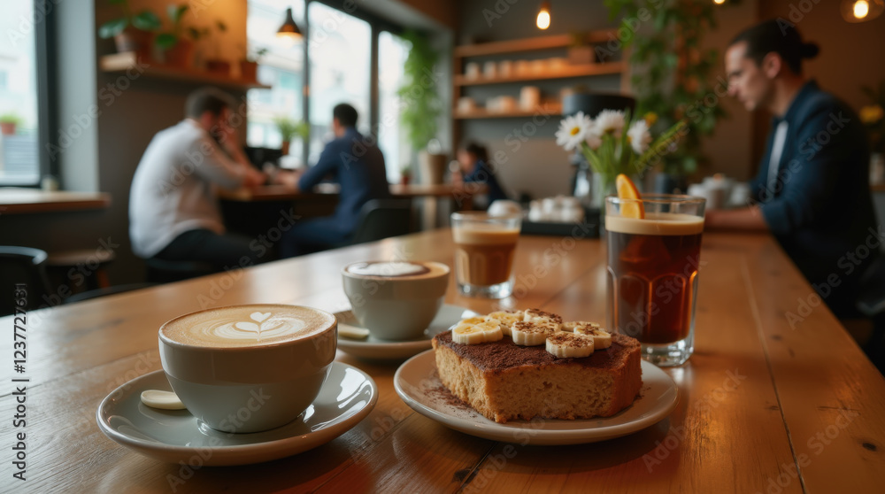 A tranquil cafe buzzes with conversation as patrons savor coffee and cakes. A cappuccino and a piece of cake sit prominently on a wooden table, inviting indulgence A tranquil cafe buzzes with conversation as patrons savor coffee and cakes. A cappuccino and a piece of cake sit prominently on a wooden table, inviting indulgence