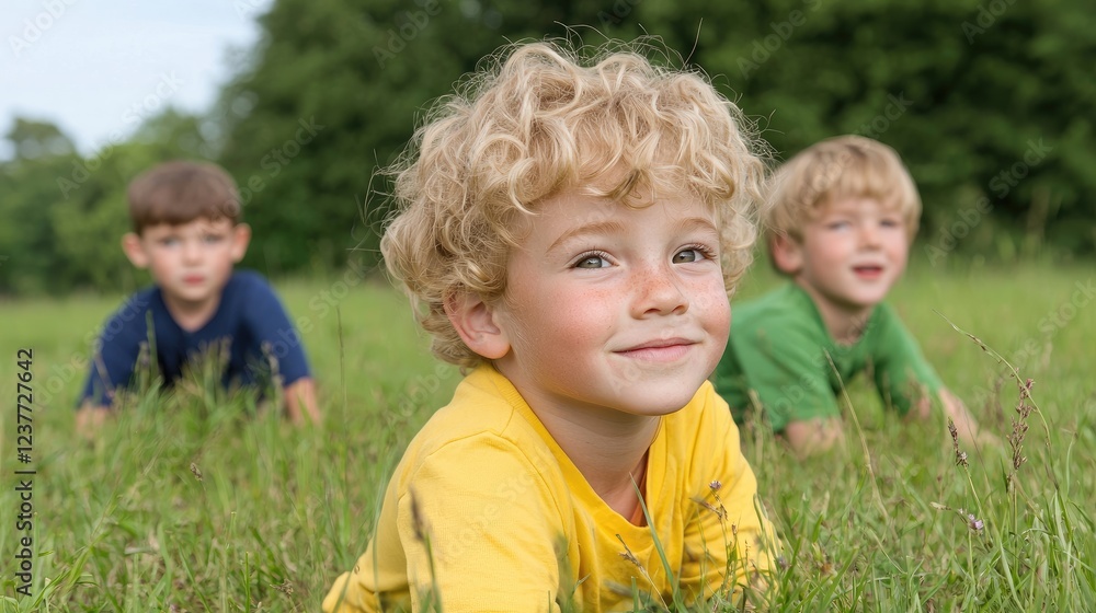 Three boys playing in a grassy field, summer fun Three boys playing in a grassy field, summer fun