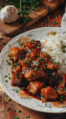 Delicious Filipino Food: Adobo chicken with herbs close-up on a plate on the table. AI generated illustration photo