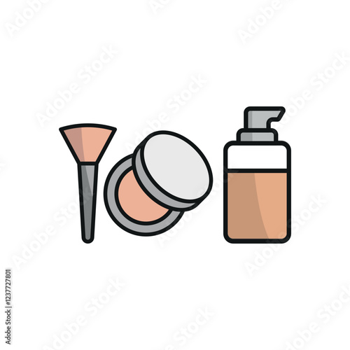 Powder puff and foundation bottle set beauty salon icon in flat style, featuring a soft powder puff and an elegant foundation bottle, perfect for makeup and beauty themes.