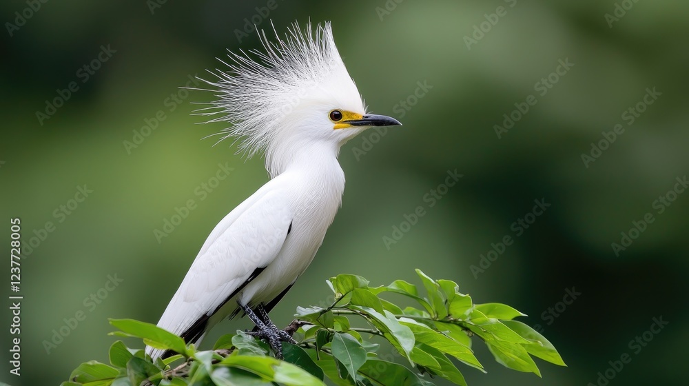 Snowy Egret perched on branch, lush green background Snowy Egret perched on branch, lush green background