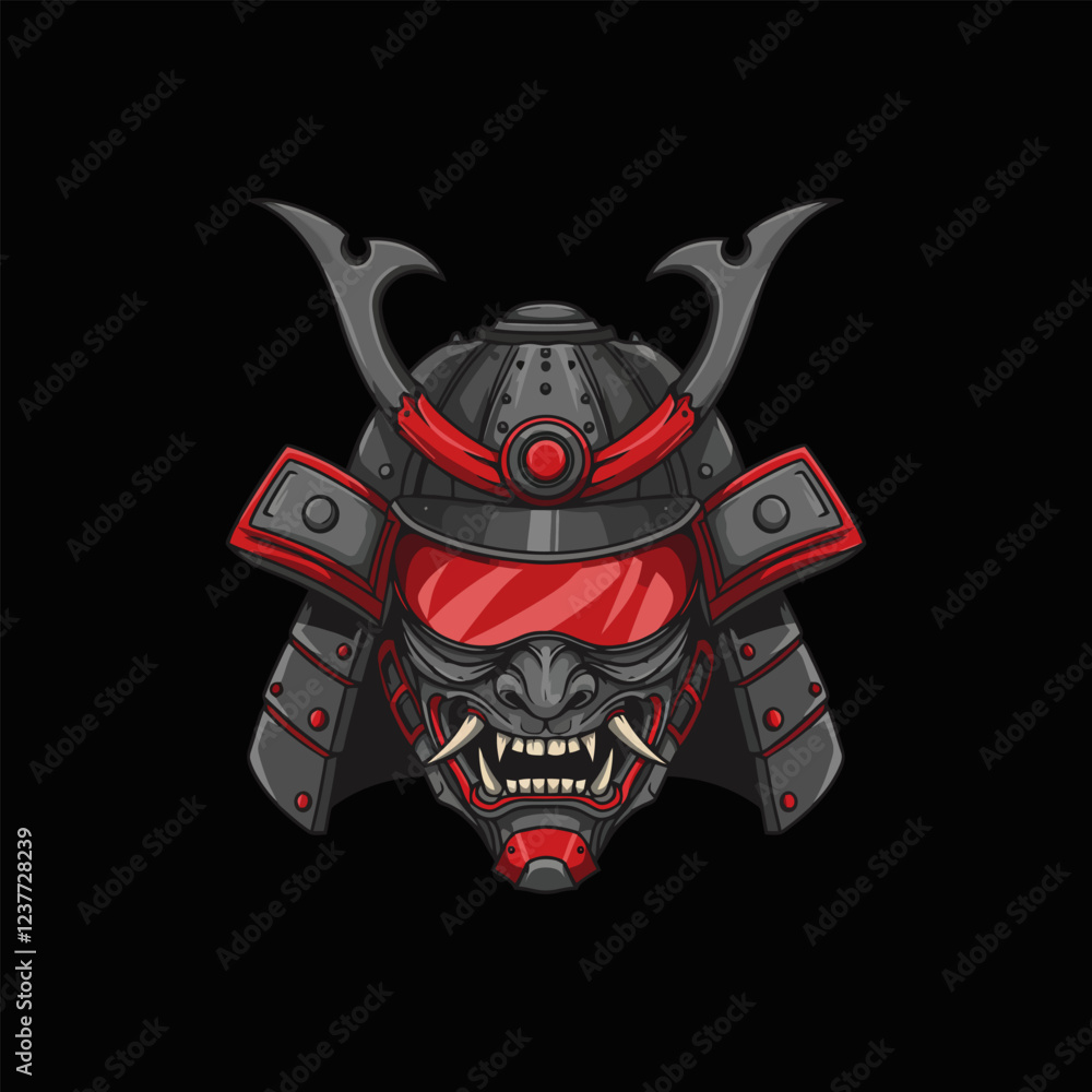 Menacing Samurai Oni Mask Dark Red and Grey Graphic Art Menacing Samurai Oni Mask Dark Red and Grey Graphic Art