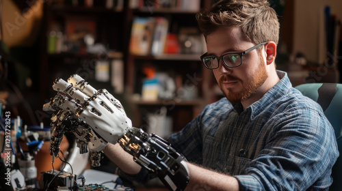 Robotics engineer adjusting, calibring robotic prosthetic hand. Concept of modern technology in medicine. Robotic prosthetics, biomechatronics and neuroscience.
