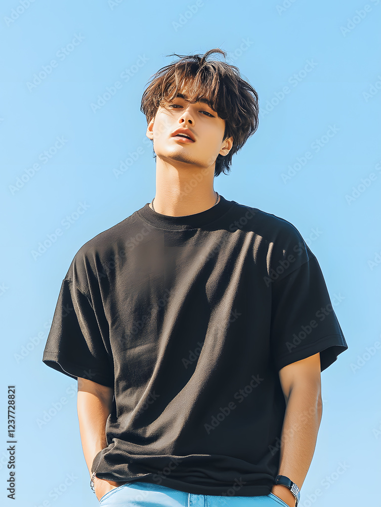 The teenager wear an oversized t-shirt and smiled casually. Take dynamic vertical photos. The teenager wear an oversized t-shirt and smiled casually. Take dynamic vertical photos.