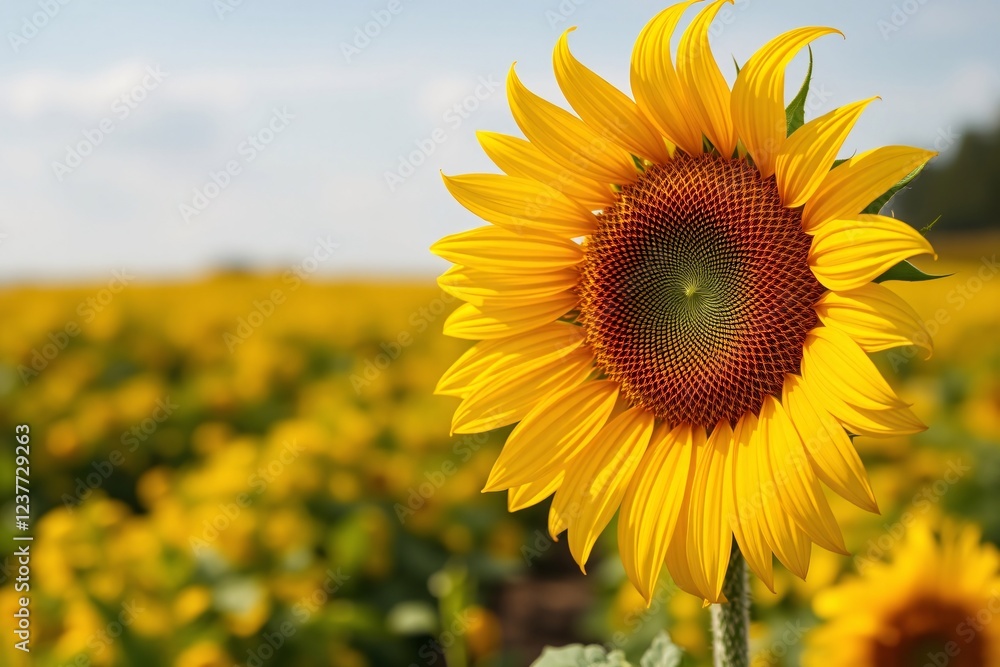 Fototapeta premium Golden sunflower bloom with a stunning field in the background