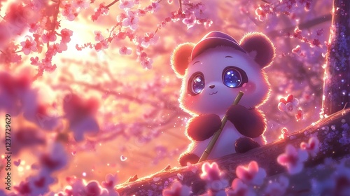 Cute Panda in Cherry Blossoms at Sunset