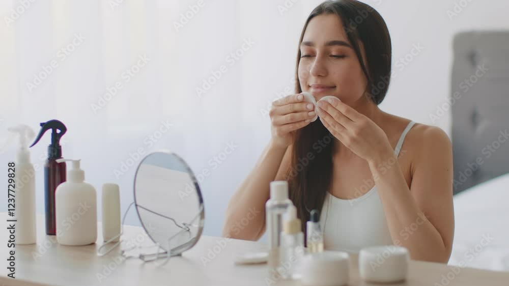 A millennial Middle Eastern woman is pampering herself in her home. She is using skin care products while looking in the mirror. The setting is bright and inviting, showcasing relaxation. A millennial Middle Eastern woman is pampering herself in her home. She is using skin care products while looking in the mirror. The setting is bright and inviting, showcasing relaxation.