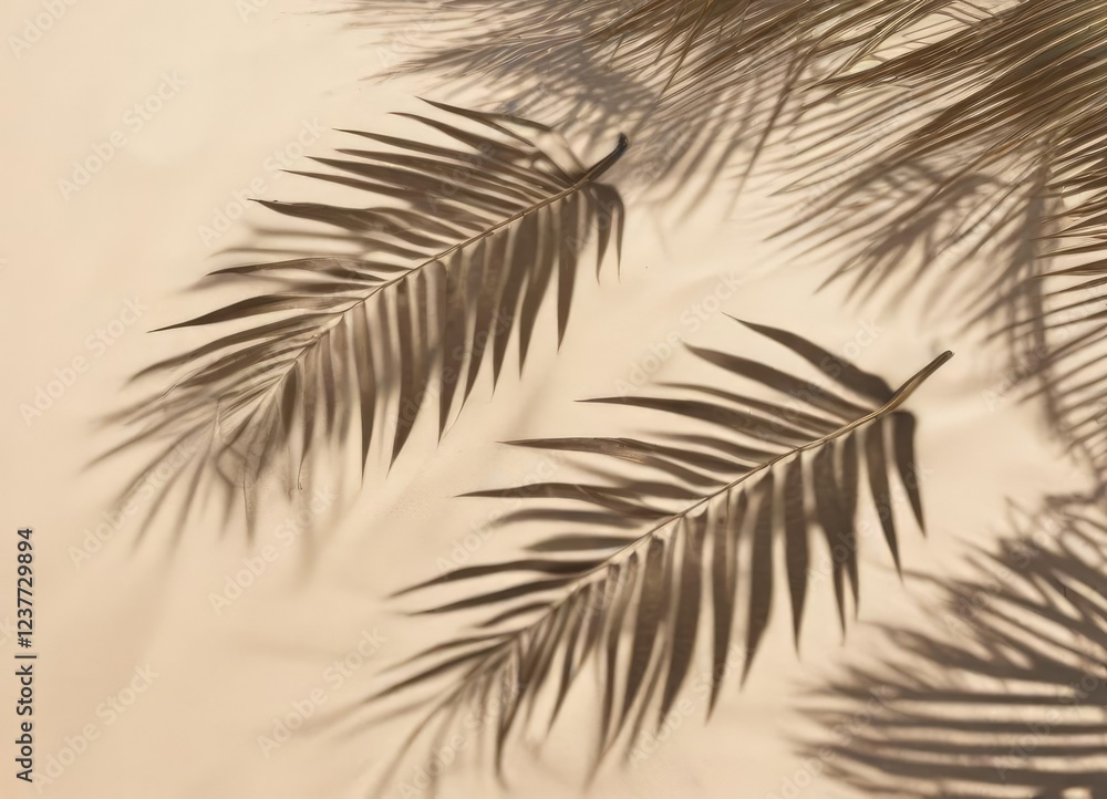 Fototapeta premium Palm leaf shadows creating a unique design on a smooth sandy beach, serene, abstract