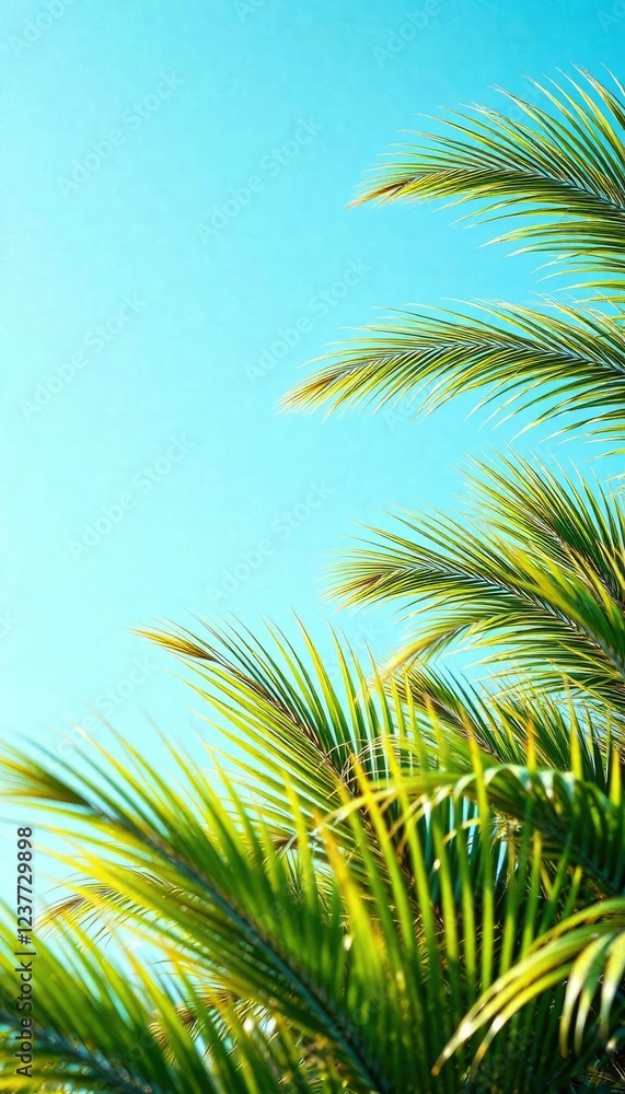 Fototapeta premium Palm tree leaves gently swaying in the breeze under a bright blue sky, peaceful, serene, nature