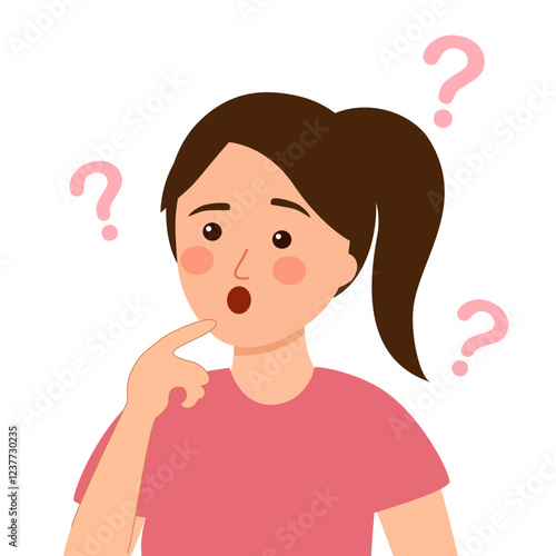Young woman in a thoughtful pose. Choice concept, girl thinking, with question mark.