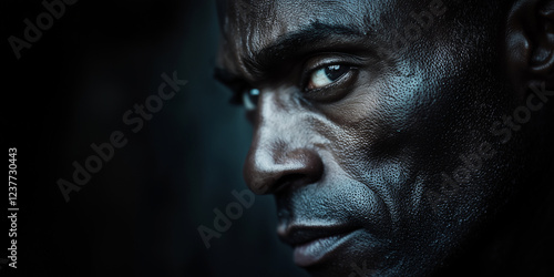 An introspective black human with stark eyes looking off into the left distance close up and on a pure black background
