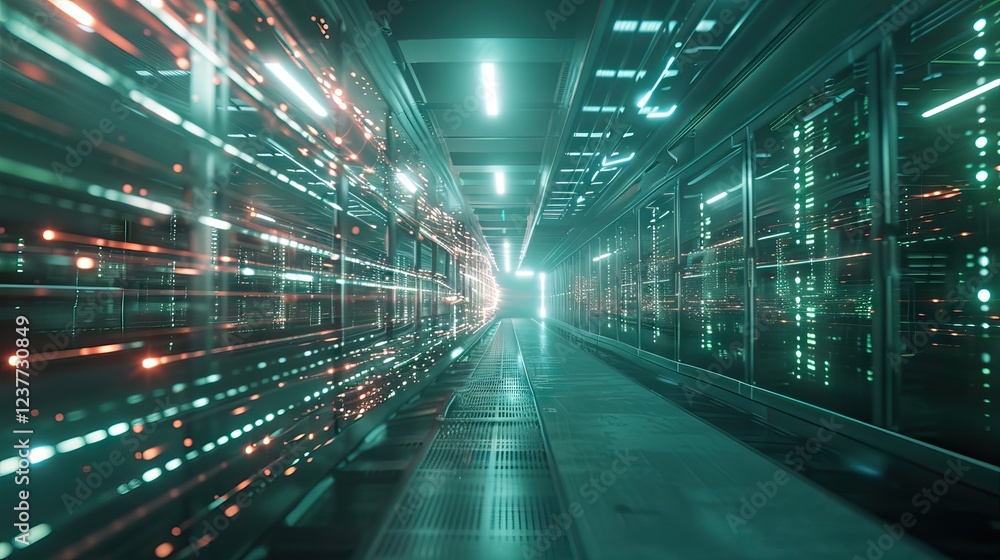 3D Render: Data Technology Center Server Racks in Dark Room with VFX. Detailed Visualization Concept of Internet of Things, Data Flow. AI generated illustration 3D Render: Data Technology Center Server Racks in Dark Room with VFX. Detailed Visualization Concept of Internet of Things, Data Flow. AI generated illustration