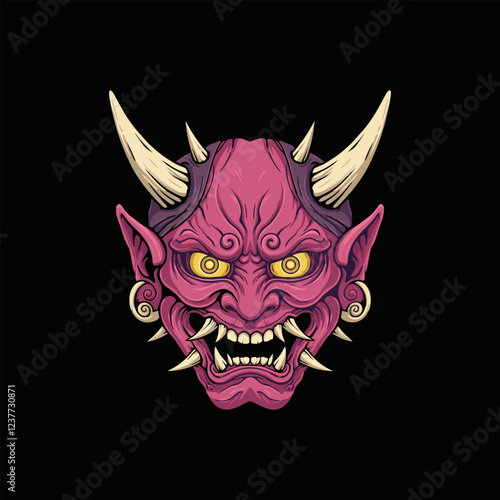 Oni Mask Fierce Pink Demon Face, Japanese Art Style