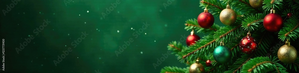 Pine tree with Christmas decorations on green, festive, evergreen, holiday Pine tree with Christmas decorations on green, festive, evergreen, holiday