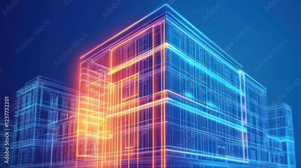 Futuristic building design with neon outlines at dusk Futuristic building design with neon outlines at dusk