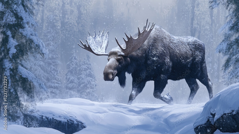 Moose walking through deep snow, its thick coat covered in frost. Moose walking through deep snow, its thick coat covered in frost.