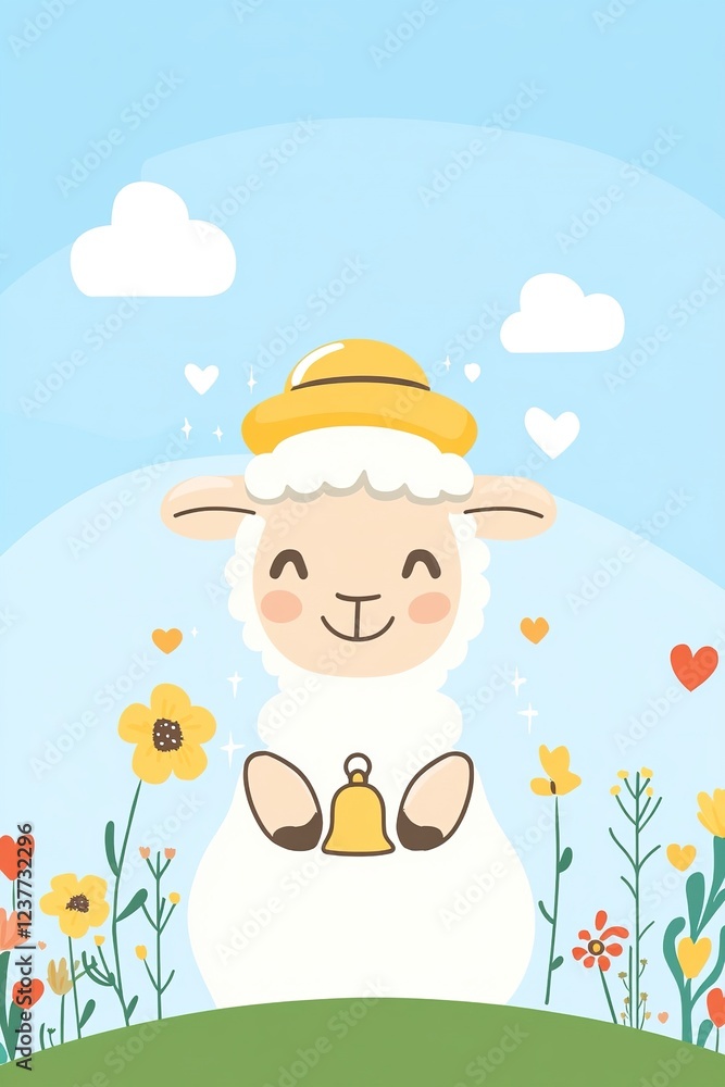 Naklejka premium Cute Sheep in Flower Meadow Spring Cartoon Illustration