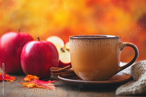 Autumnal beverage with apples and cinnamon sticks photo