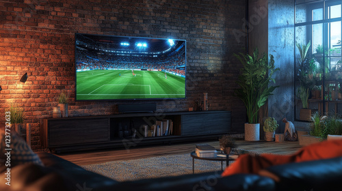 Shot of a TV with Soccer Match on Big Flat Screen Televison Set. Live Broadcast of Football World Championship Finals on Sports Channel. Cozy Game Night in Strylish Loft Apartment Living Room.