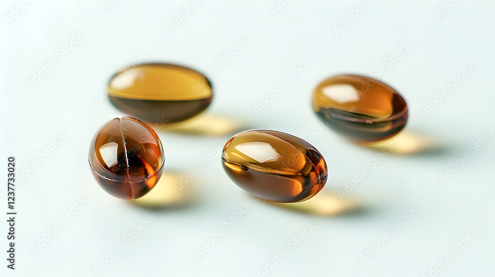 close-up of transparent golden gel capsules on white background close-up of transparent golden gel capsules on white background