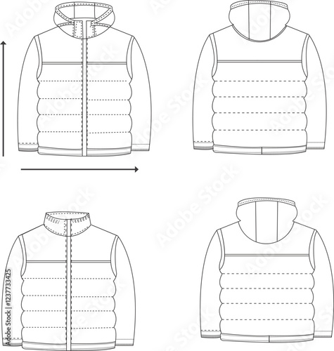Set of Puffer Winter Jacket - Padded Quilted Waistcoat Design with Pocket Technical Illustration - Front and Back Views, Men Women 