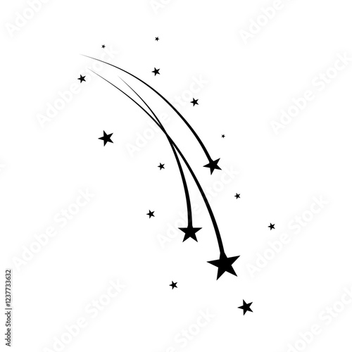 Abstract Falling Star - Black Shooting Star with Elegant Star Trail on White Background - Meteoroid, Comet, Asteroid, Stars