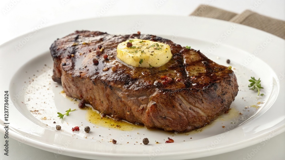 Roasted ribeye steak with spices and melted butter, herb, savory Roasted ribeye steak with spices and melted butter, herb, savory