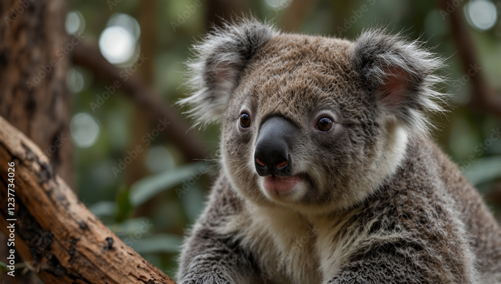 Fototapeta premium A close up view of a Koala looking forward. The animal has gray fur and stands out against a blurred foliage background. This image is in the 