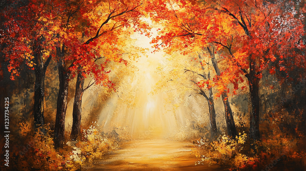 A beautiful autumn forest scene, the golden and red leaves of the trees creating a vibrant canopy, with sunlight filtering through A beautiful autumn forest scene, the golden and red leaves of the trees creating a vibrant canopy, with sunlight filtering through