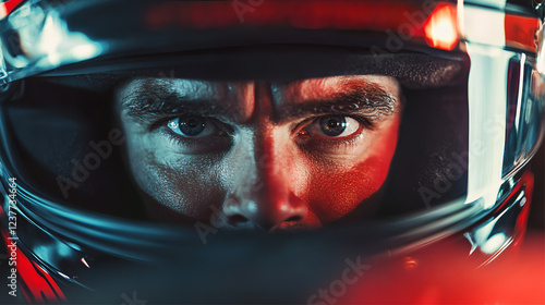 A race car driver is concentrating in a racing car, with the cockpit lights highlighting his serious face. AI generated images.