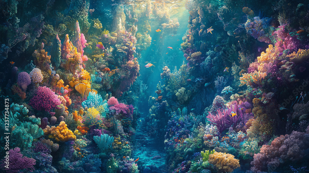 Fototapeta premium A beautiful coral reef aquarium, vibrant colors, and sea creatures coexisting peacefully, creating a stunning underwater landscape.