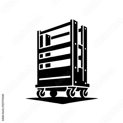 Black and White Utility Cart: A simple, yet versatile, black and white illustration of a four-wheeled utility cart, perfect for showcasing organization, logistics, or warehouse functionality.