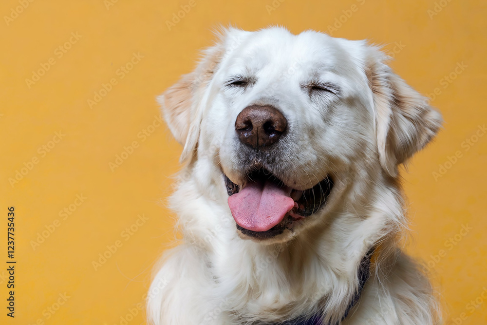 Happy White Dog with Relaxed Eyes Against a Mustard Yellow Background Happy White Dog with Relaxed Eyes Against a Mustard Yellow Background