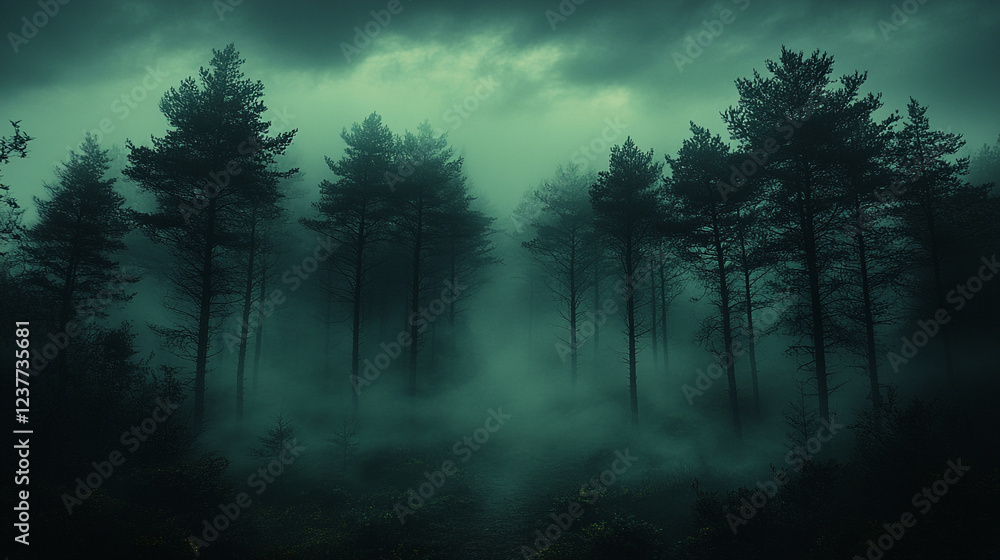 Fototapeta premium Mysterious fog enveloping a dark forest at dusk under gloomy skies