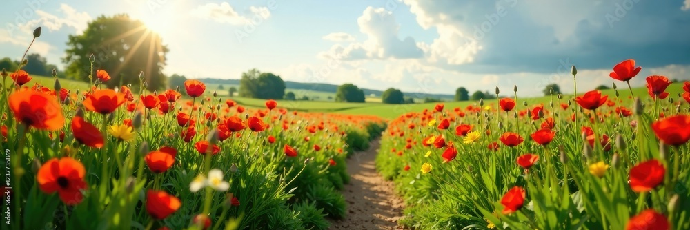 Serene path through a field of swaying bellflowers and poppies on a sunny afternoon, serene, scenery, bellflowers Serene path through a field of swaying bellflowers and poppies on a sunny afternoon, serene, scenery, bellflowers